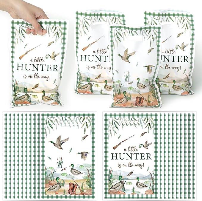 50Pcs Mallard Duck Baby Shower Party Favor Bags, A Little Hunter Is On The Way Plastic Goody Candy Treat Bags Party Decorations for Boys Girls Baby Shower Birthday Supplies