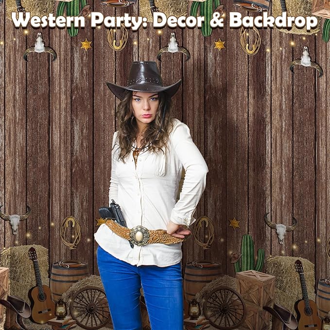 Kochorie 54 Inch X 100 Feet Western Party Tablecloth Roll, Disposable Western Cowboy Table Cover, Cowboy Theme Plastic Tablecloth Wild West Wooden House Barn Door Table Cover for Baby Shower Birthday