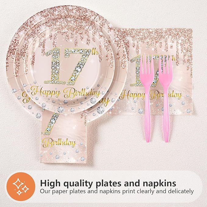 96 PCS 17th Birthday Party Decorations Rose Gold 17 Years Old Birthday Party Plates and Napkins Disposable 17th Birthday Paper Tableware Set for Girls Seventeen Birthday Party Supplies, Serves 24