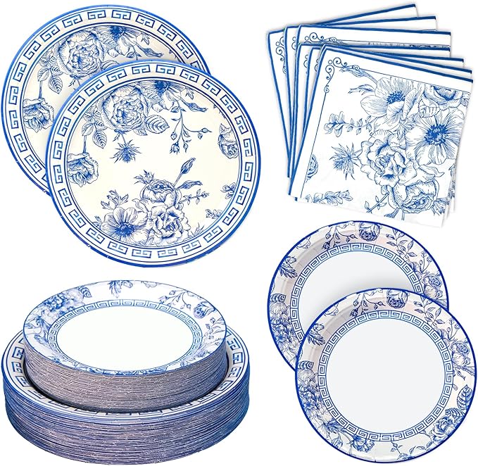 180PCS Blue White Floral Party Supplies Serve 60, Blue Flower Paper Plates and Napkins Kit for Bridal Baby Shower Wedding Tea Party Decorations, Includes Dinner Plates, Dessert Plates, Napkins