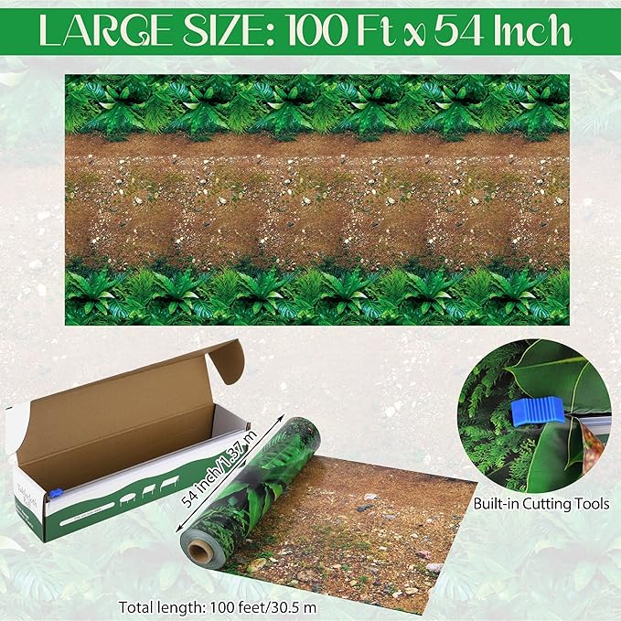 Kochorie 1 Roll 100 Ft x 54 Inch Forest Path Plastic Tablecloth Roll Safari Dinosaur Jungle Table Cover with Cutter Box for Birthday Baby Shower Party Supplies