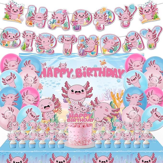 44Pcs Axolotl Birthday Party Supplies Include Happy Birthday Banner-Backdrop-Tablecloth-Balloons-Cake Topper-Cupcake Toppers for Axolotl Party Decorations