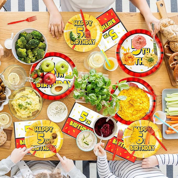 5th Birthday Party Supplies - 96pcs Paper Plates Napkins Plastic Forks Kids Girls Boys Little Birthday Party Table Decorations Lighting Themed Disposable Cake Tableware Set for 24 Guests