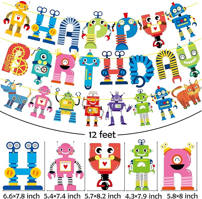 Robot Happy Birthday Banner and Party Decoration - Cartoon Hanging Decoration for Boys' Birthday - Robot Theme Party Supplies