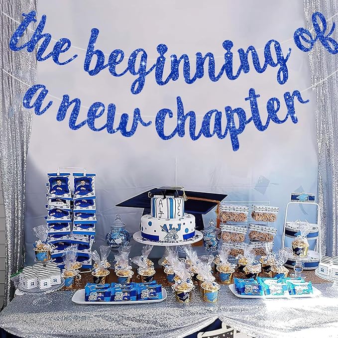 BEISHIDA Glitter Blue The Beginning of A New Chapter Banner, Farewell party decorations,Graduation Sign 2026 Banner,Happy retirement Supplies,Going away party Sign Garland,Graduation banner