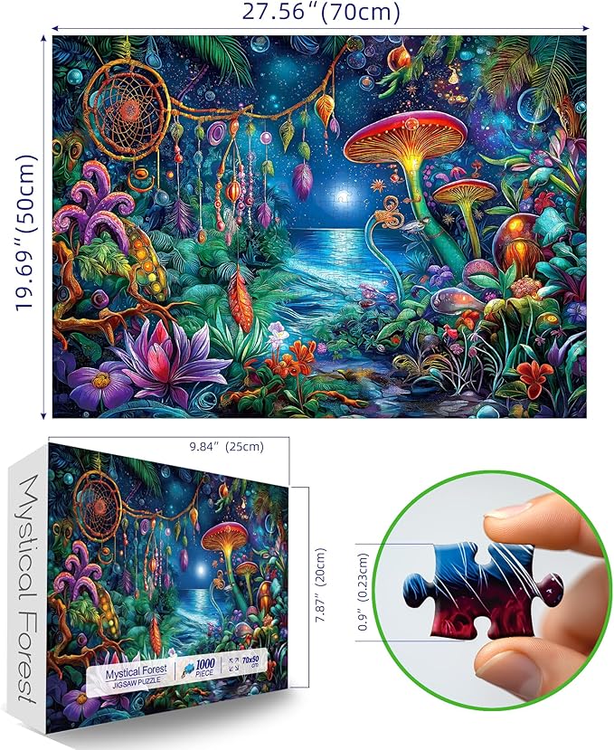 Blueforest Fantasy 1000 Piece Puzzle for Adults - Enchanted Garden Night Scene with Glowing Mushrooms, Challenging Art Jigsaw Puzzle 1000 Pieces, Framable Wall Art (27.5" x 19.6")