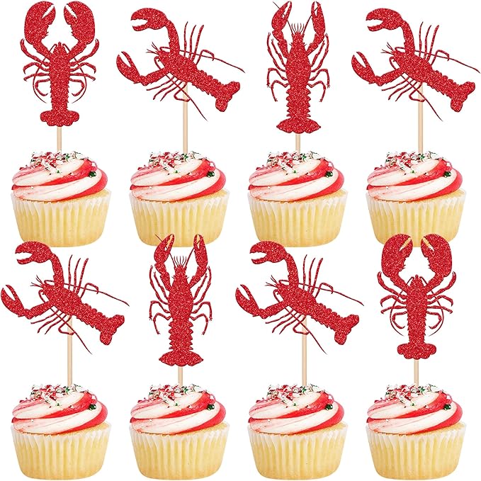 24 PCS Crawfish Cupcake Toppers Red Glitter Lobster Cupcake Picks Crawfish Party Decorations for Ocean Lobster Theme Let's Get Cray Carnival Baby Shower Birthday Party Cake Decorations Supplies