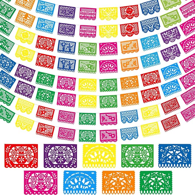 Boao 8 Packs 120 Feet Cinco De Mayo Party Decorations Mexican Banner Fiesta Plastic Papel Picado Banner Garland Dia De Los Muertos Day of The Dead Hanging Decor Mexican Fiesta Birthday Party Supplies