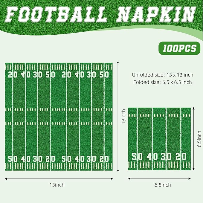 100-Pack Football Party Napkins, 2 Designs, 6.5 Inchs Disposable Paper Napkins, Football Birthday, Tailgate Party Decorations & Supplies