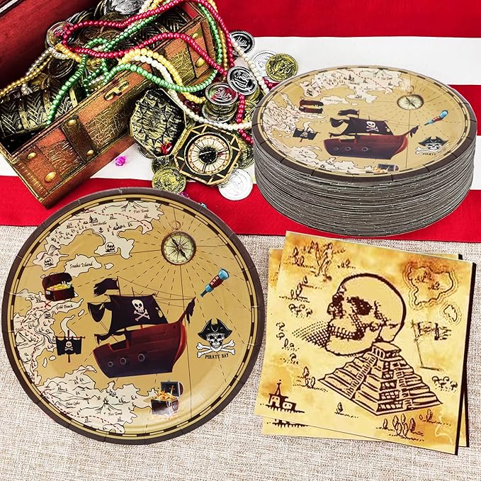 50Pcs Pirate Party Supplies - 7" Nautical Paper Plates, Skull Treasure Map Design, for Pirate Treasure Theme Birthday Party Decoration