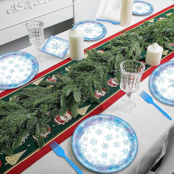 96 Pieces Snowflake Winter Tableware Set – Blue Disposable Plates, Napkins, and Forks for Frozen Birthday Parties, Christmas Dinners, Holiday Gatherings, and Winter Celebrations – Serves 24 Guests