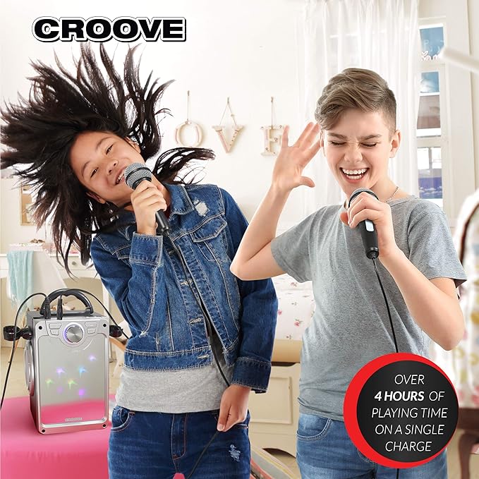 Croove Rechargeable Karaoke Machine For Kids - Incl. 2 Microphones with Flashing Disco Lights, Bluetooth, AUX & USB Ports Singing Machine for Children, Best Birthday Gifts for Boys & Girls Of All Ages
