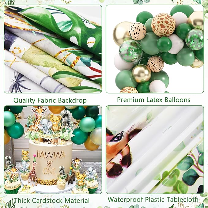 Safari First Birthday Decorations for Boy - 116 Pcs Wild One Birthday Decorations Jungle Theme Party Supplies with Balloon Arch Kit, Wild One Backdrop, Tablecloth and Baby Boxes (Green)