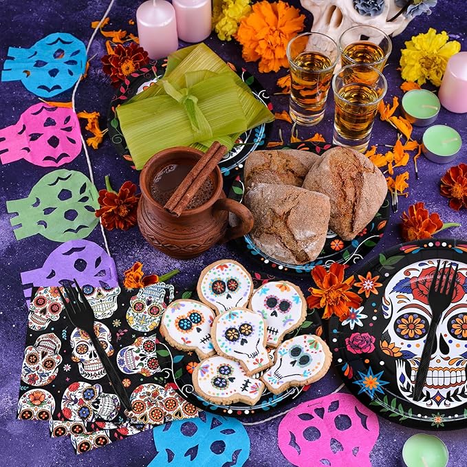 96 Pieces Day of the Dead Tableware Set - Mexican Sugar Skull Pattern Disposable Plates, Napkins, and Forks for Dia de los Muertos, Halloween, Fiesta, and Cultural Celebrations – Serves 24