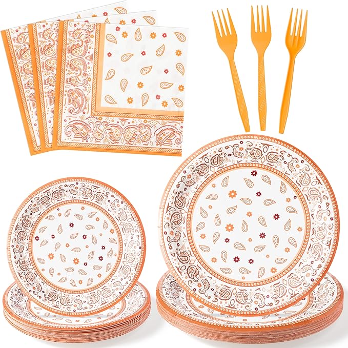 K1tpde Fall Western Bandana Party Tableware - 96PCS Orange Bandana Paper Plates Set Included Paper Plate Napkin and Fork, Disposable Dinnerware for Adult Birthday Autumn Party Decor Supplies, 24 Guest