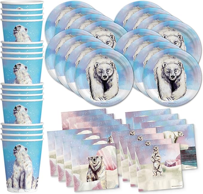 Polar Bear Birthday Party Supplies Set - Bear Party Supplies - Winter Celebrations Plates, Napkins, and Cups - Tableware Kit for 16