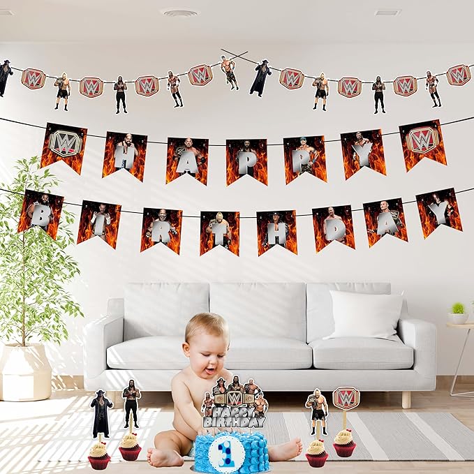 WWWE Theme Birthday Party Supplies – Wrestling Birthday Decorations for Boys Party Pack, Wrestler Cake Toppers, Banners & Garland - Birthdays Decoration Set.