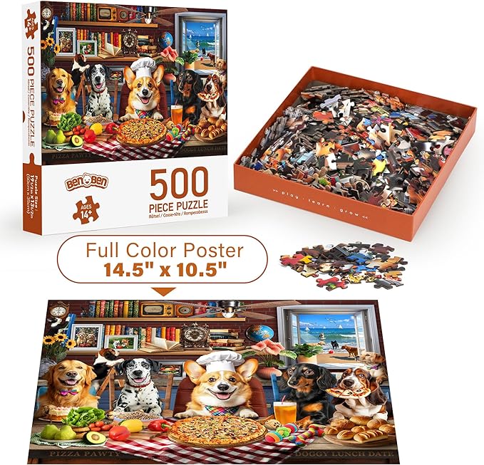 BenBen Puzzles for Adults 500 Pieces, Dogs' Dinner Party, Dog Jigsaw Puzzle with Letters or Patterns on Back, Funny Animal Puzzle, Challenging Puzzles for Family Game Night, Home Décor