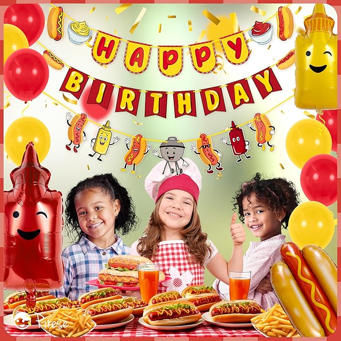 Pirese Hot Dog Birthday Decorations, Hot Dog Party Decorations with Pre-Strung Happy Birthday Banner, Hot Dog Balloons, Picnic BBQ Birthday Party Supplies, Hot Dog Birthday Party Decorations