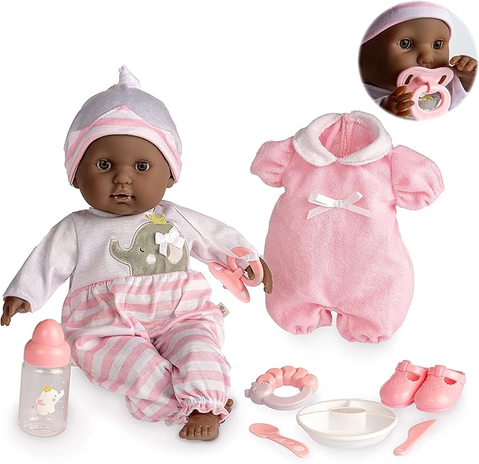 JC Toys 15" Realistic Soft Body African American Baby Doll with Open/Close Eyes Berenguer Boutique | 10 Piece Gift Set with Bottle, Rattle, Pacifier & Accessories | Pink | Ages 2+