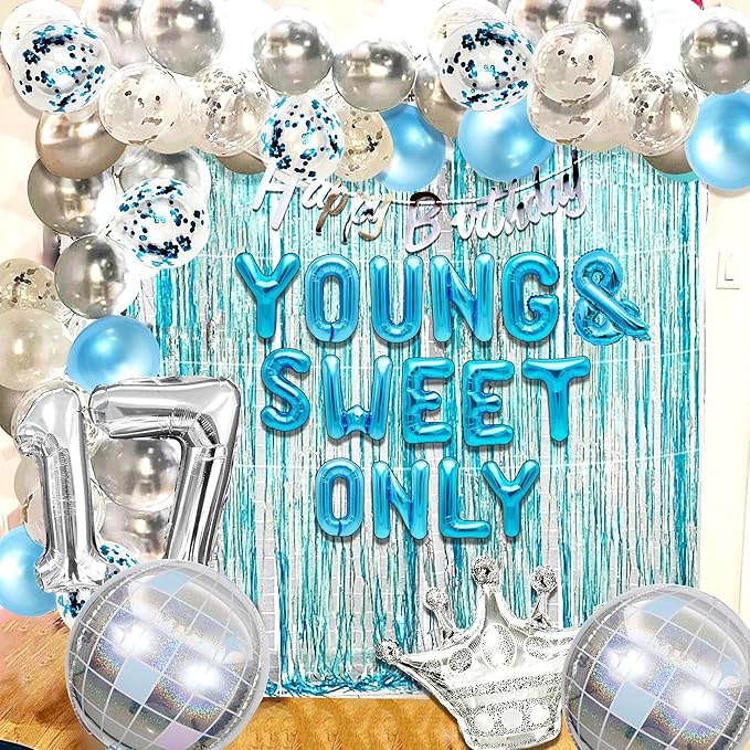 Silver Blue Young and Sweet Only 17 Birthday Decoration Young and Sweet Only 17 Banner Dancing Queen 17 Decoration Disco Balloons Rose Gold Birthday Banner Crown Queen Balloons