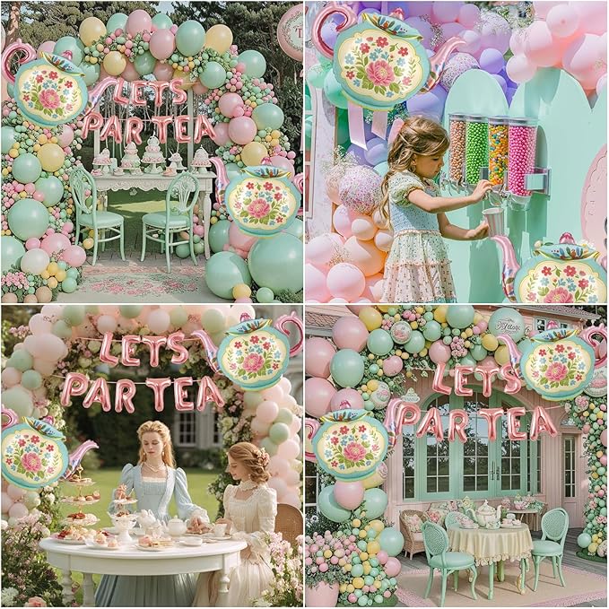 LET'S PAR TEA Banner Balloons, 35" Huge Teapot Aluminum Foil Balloons for Birthday, Baby Shower, Wedding, Bridal, Engagement, Bachelorette, Princess, Garden Party Decorations Supplies