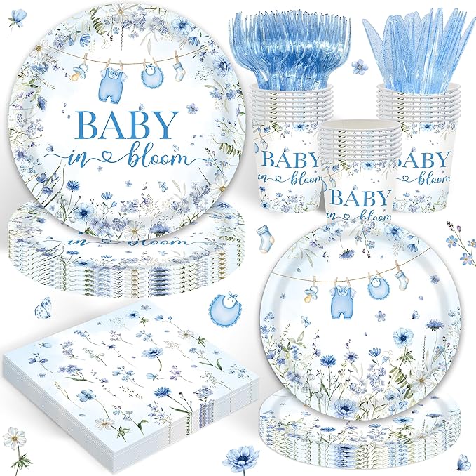 120PCS Boy Baby Shower Party Supplies Baby in Bloom Party Decorations Spring Wild Flower Pregnancy Announcement Tableware Set Dessert Plates Napkins Cups Set for 20 Guests