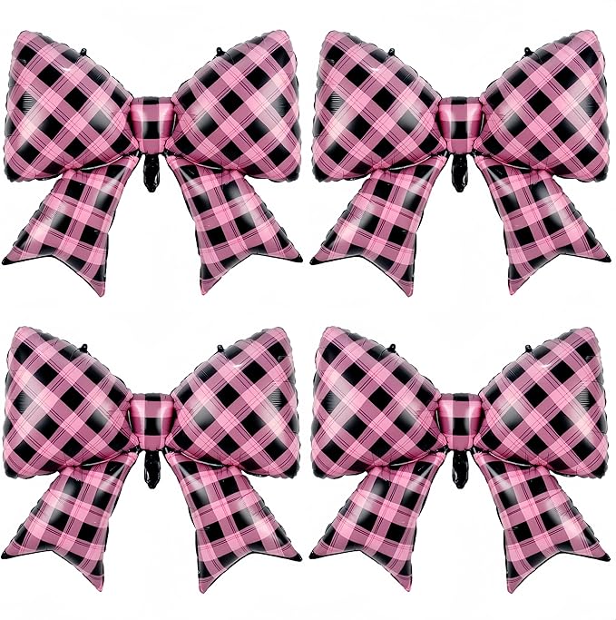 4Pcs Pink Black Gingham Bow Balloons/Sweet Sassy Y2K Party Decor/Bad Two The Bone Party/Korean Idol Demon Hunters/Little Devil Aesthetic/Bad Girl Birthday/Checkered Plaid Foil Balloon/Night Out Decor