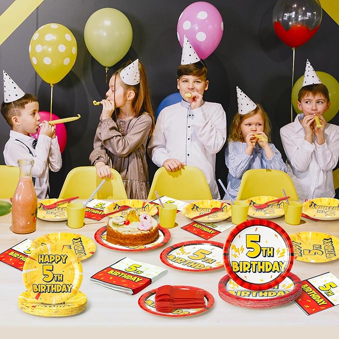 5th Birthday Party Supplies - 96pcs Paper Plates Napkins Plastic Forks Kids Girls Boys Little Birthday Party Table Decorations Lighting Themed Disposable Cake Tableware Set for 24 Guests