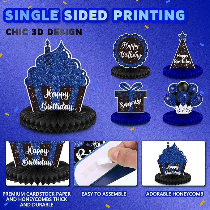 Yexiya 8 Pcs Blue and Black Birthday Centerpiece Table Decoration, Happy Birthday Honeycomb Centerpieces Honeycomb Table Toppers for Men Women Party Supplies