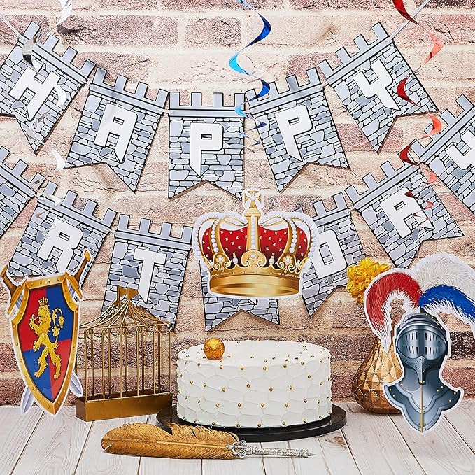 25 Pieces Medieval Birthday Banner Castle Party Supplies Knight Birthday Decorations Medieval Whirls Hanging Decorations Stone Wall Shield Armour Shield for Party Supplies