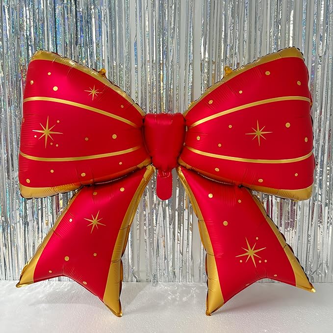 38 Inch Red Gold Foil Bow Balloon – Large Mylar Bowknot Balloon for Birthday, Wedding, Grand Opening, Valentine’s Day, Christmas Party Decorations – Oversized Elegant Metallic Decor