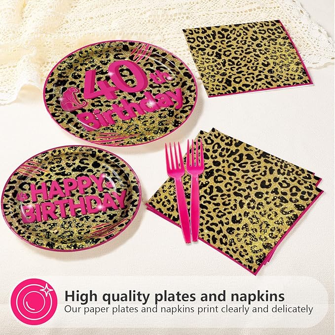 96Pcs Cheetah Print 40th Birthday Party Supplies Pink Animal Leopard Print Plates and Napkins Leopard Happy 40th Birthday Tableware Set for Girls Safari Animal Party Decorations Serves 24