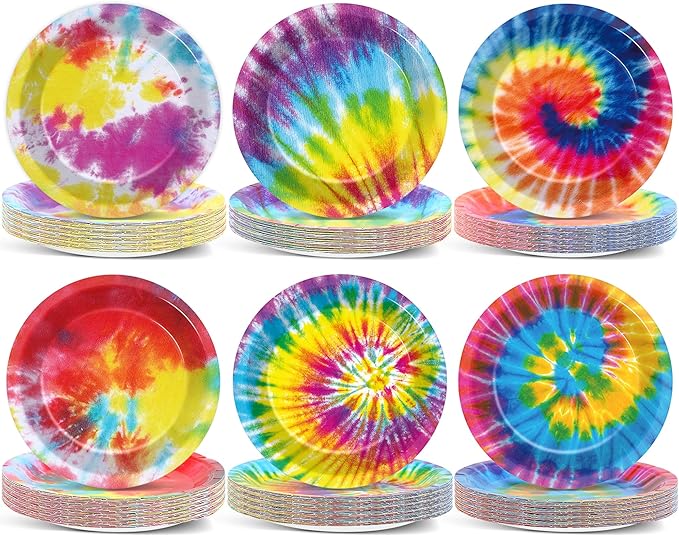 72PCS Tie Dye Birthday Plates Tie Dye Party Decorations Colorful Tableware Rainbow Plates Disposable Paper Plate Dessert Plates for Boys Girls Kids New Year Holiday Favors 6.7 * 6.7inch
