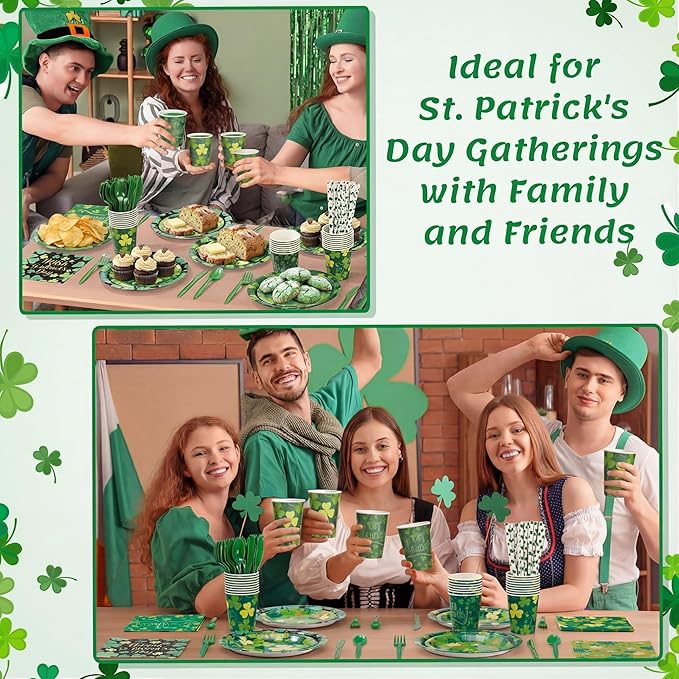 450 Pcs Happy St. Patrick's Day Tableware Set Decorations, Lucky Green Shamrock Paper Plates Clover Napkins Cups Cutlery Straws for Irish Festival St. Patrick's Day Party Supplies, Serves 50