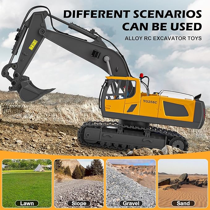Remote Control Excavator (11-Channel), Dump Truck, Bulldozer, Loader (9-Channel), 2.4GHz Remote Control Construction Vehicles, Metal Construction, with Cool Lights and Sound Effects, 4-Pack