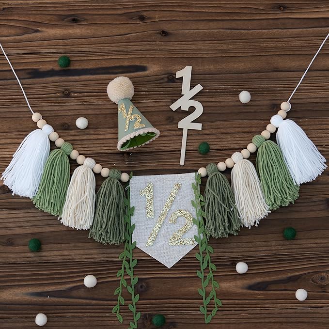 1/2 Birthday High Chair Banner For Half Way To One Party Decorations Wood Bead Tassel Garland Green Crown Hat Wooden Cake Topper Happy Half Year Party Photoshoot Props