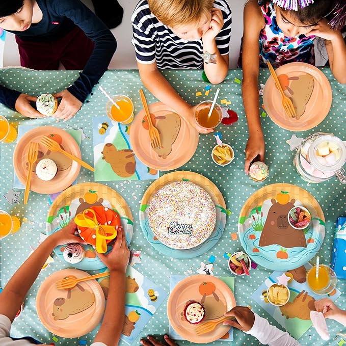 96Pcs Capybara Cute Cartoon Animal Orange Party Plates Supplies Tableware Decorations Disposable Paper Plates Napkins Forks for Kids Birthday Baby Shower, Serves 24