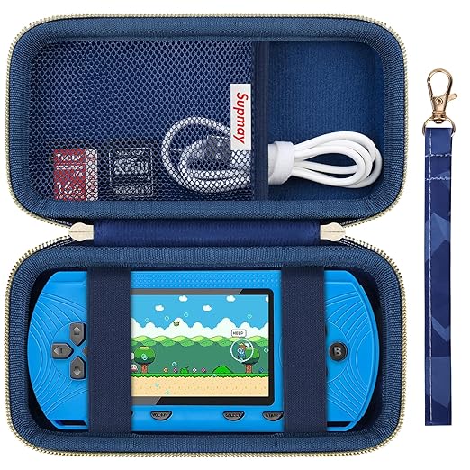 Carrying Case for GAMPLAE Handheld Game for Kids, 258 Retro Video Games Portable Gaming Player Storage Holder Travel Bag with Mesh Pocket for 3 Game Cards, Earphone,USB Cable, Blue