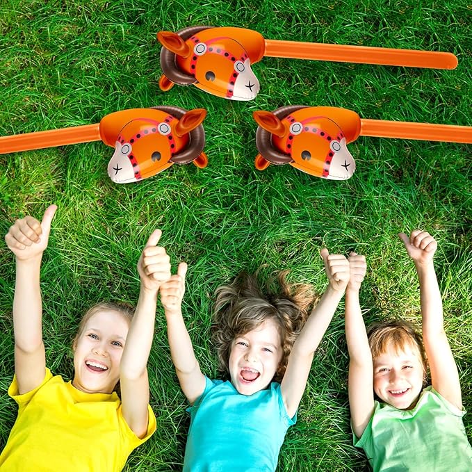 Chivao 12 Pieces Inflatable Stick Horse Cute Horse Head Stick Blow up Balloon Colorful Cowboy Cowgirl Party Decorations for Themed Birthday Party(Coffee Color)