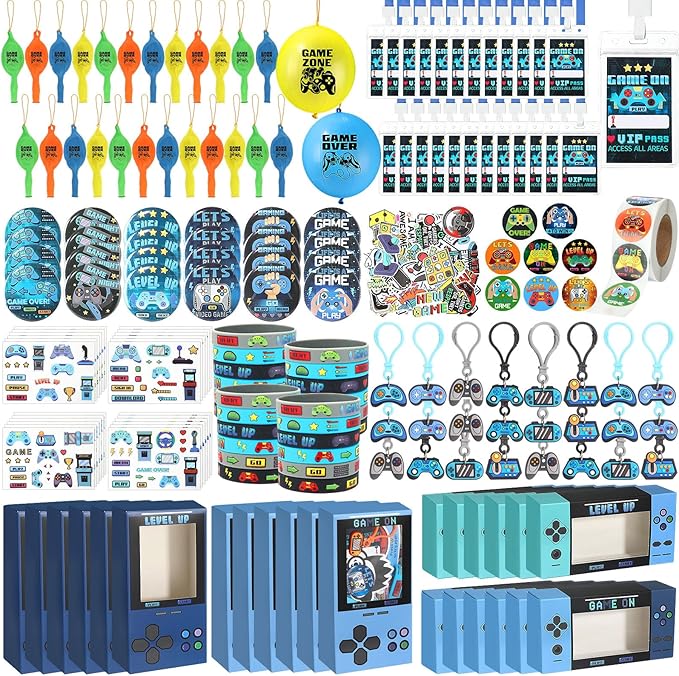 243 Pcs Video Game Party Favors for Kids Gamer Goodie Bag Stuffers Gaming Birthday Party Supplies with Gift Boxes, VIP Pass, Balloons, Bracelets, Keychains, Badges, 3D Stickers (Blue)