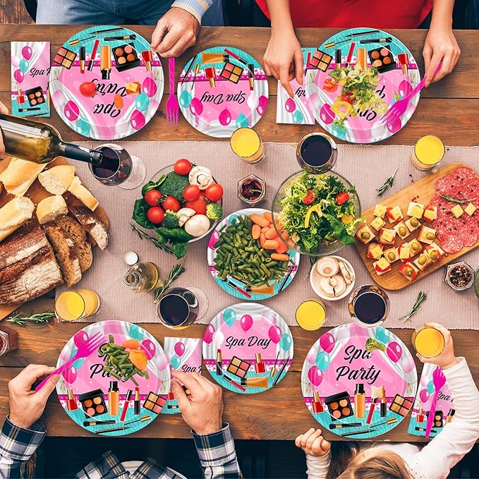 96 Pcs Spa Party Plates and Napkins Set, Spa Day Makeup Party Supplies Decorations for Girls Kids Princess Sweet Pink Make up Theme Birthday Party Tableware Kit, Serves 24