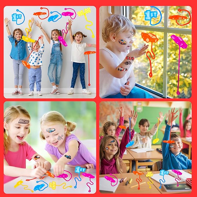 36PCS Race Car Party Favors - 24PCS Temporary Tattoos 12PCS Stick Hands Perfect Birthday Supplies for Kids Stretchy Fidget Goodie Bag Stuffers Treasure Box Toys Classroom Prizes Student Gifts