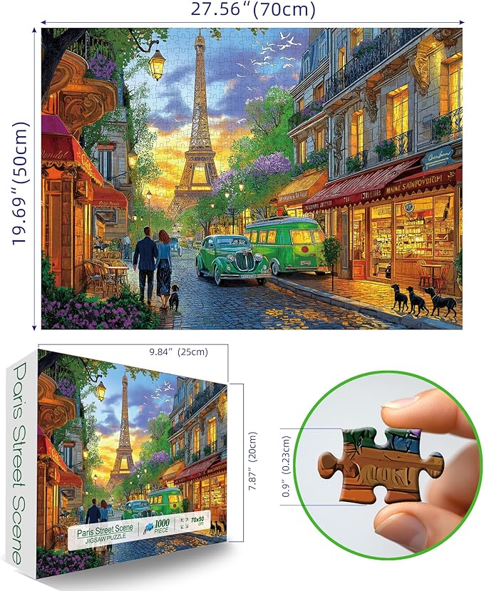Blueforest 1000 Piece Puzzle for Adults - Paris Street View Sunset Landscape Jigsaw Puzzle w/Eiffel Tower, Challenging for Adults & Family Game Night