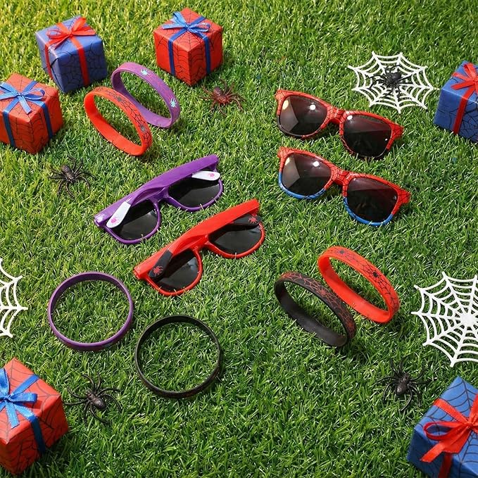 Kingdder 24 Pcs Spider Web Sunglasses and Silicone Wristbands Bracelets Spider Birthday Theme Party Favors Black Red Blue Party Decorations Supplies Gifts (Assorted)