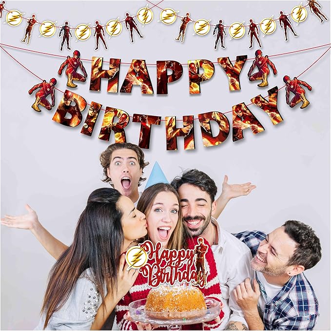 "Flsh Theme Birthday Party Supplies – Superhero Birthday Decorations Set for Boys & Girls – Includes Happy Birthday Banner, Cake Topper, Cupcake Toppers and Party Favors – Comic Theme Party Décor"