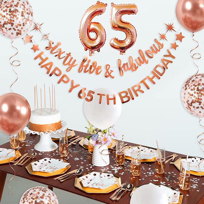 Rose Gold Sixty Five Fabulous Happy 65th Birthday Banner Garland Foil Balloon 65 for Women's 65th Decorations Hanging Cheers to 65 Years Old Party Supplies Backdrop