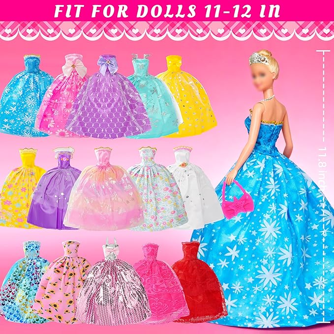 120Pcs Doll Clothes and Accessories, 5 Wedding Gowns 21 Dresses Including Evening Gowns, Fish Scale Skirts, Fashion Dresses, Swimsuits, Shoes, Hangers for Christmas Stocking Stuffers Girls Gift Age 3+