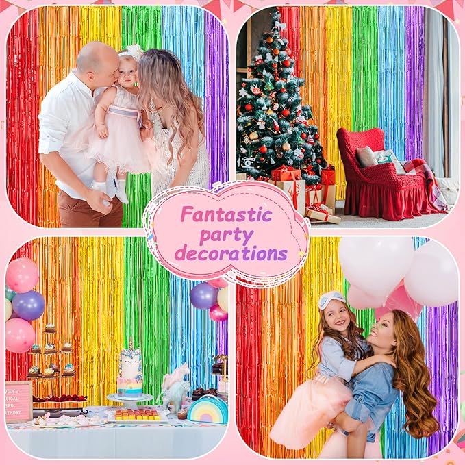 Rainbow Metallic Tinsel Foil Fringe Curtains Backdrop 2Pack 3.3x8.3Ft Party Streamers for Birthday Party Decorations Halloween Christmas Decors Foil Curtain Backdrop for Bachelorette Bridal Party