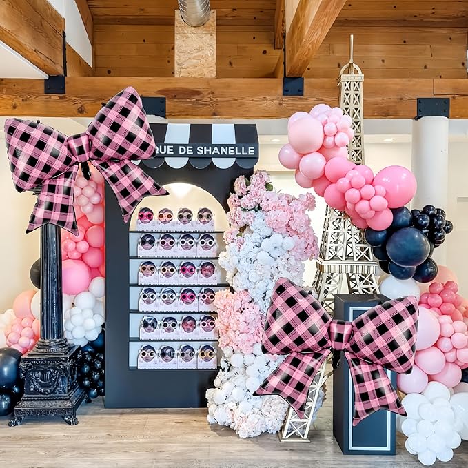 4Pcs Pink Black Gingham Bow Balloons/Sweet Sassy Y2K Party Decor/Bad Two The Bone Party/Korean Idol Demon Hunters/Little Devil Aesthetic/Bad Girl Birthday/Checkered Plaid Foil Balloon/Night Out Decor